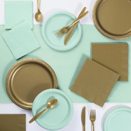 Disposable Dinnerware Mint And Gold Party Supplies Kit 221 Count Serves 24 Guests