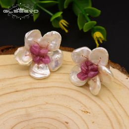 Earrings GLSEEVO Fresh water Baroque Pearl Stud Earrings For Women Natural Tourmaline 925 Sterling Silver Earrings Flower Jewellery GE0104