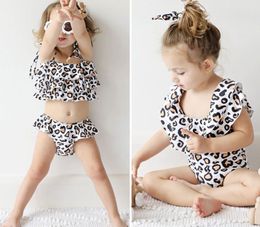 2024 children one pieces swimwear summer fashion girls white leopard print swimsuit + headscarf two-piece children's wear