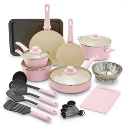 Cookware Sets 18-Piece Soft Grip Toxin-Free Healthy Ceramic Non-Stick Set Pink Dishwasher Safe Kitchen