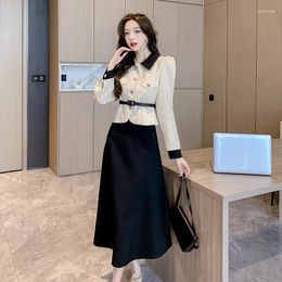 Work Dresses High Quality Autumn Winter Small Fragrance Vintage Belt 2 Peice Set Women Top Short Jacket Coat Long Skirts Sets Fashion Suits