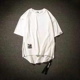 Y2K Trendyol Men White Techwear 100% Cotton Zip Up Short Sleeve Tshirt Summer Mens Hip Hop Loose Oversized Style Cargo T Shirt 240401