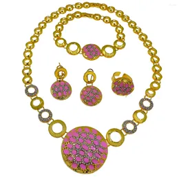 Necklace Earrings Set African For Women Pendant Jewelry Ring Pink Crystal Wedding Accessories