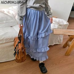 Skirts Nomikuma Korean Spring Retro Versatile Elastic Waist Patchwork Wood Ear Edge Contrast Chequered Cake Skirt Half Length