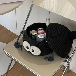 Storage Bags Small Basket Round Woven With Lid Bin Black Craft Snack Organiser Container For Dormitories