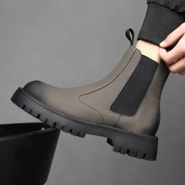 Boots mens luxury fashion chelsea boots black grey platform shoes cowboy autumn winter boot handsome original leather ankle botas mans