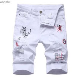 Men's Jeans Mens Summer White Tear Denim Shorts Mens Hole Shorts Jeans New Fashion Street Clothing Elastic Jeans Shorts Srtai Fit JeansL2404