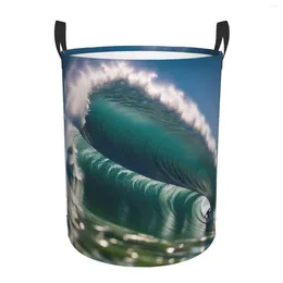 Laundry Bags Surfing Print Circular Basket With Handle Portable Waterproof Storage Bucket Bedroom Clothes Large Dirty