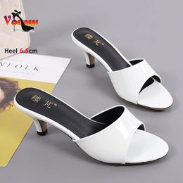 6.5CM Thin Heel Slippers For Woman Slides PU Leather White Summer Shoes Elegant Style Women Sandals Big Size Outdoors High Heels 240318