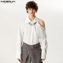 Men's Casual Shirts Stylish Style Tops INCERUN 2024 Mens Slanted Shoulder Hollow Design Streetwear Lapel Long Sleeved Blouse S-5XL