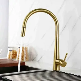 Kitchen Faucets High Quality Brushed Gold Brass Faucet Pull Out Sink Tap Cold Water Rotatable