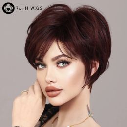 Wigs 7JHH WIGS Short Bob Wig Wine Red Wig for Women Daily Party Natural Synthetic Hair Wigs with Fluffy Bangs Heat Resistant Fibre
