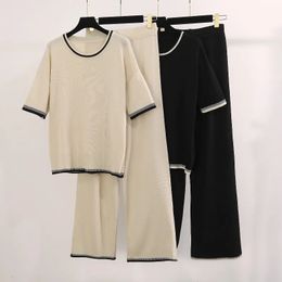 2024 Casual Sets for Women 2 Pieces Summer Knitted Oneck Short Sleeve Pullover Tops Sweater Wide Leg Pants Suit 240329