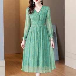 Casual Dresses Spring Summer Green Floral Silk Long Dress Women Fashion Holiday Beach 2024 Korean Elegant Luxury Dance Party