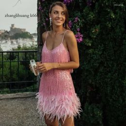 Casual 2024 Dresses Sexy V-Neck Fringed Sequined 3D Feather Ing Pink Dress Haruku Bright Silk Tassels Party Bead Bandage Vestidocasual