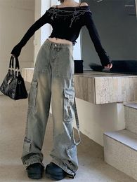 Women's Jeans Retro Blue Baggy Women High Waist Pockets Loose Straight Denim Cargo Pants Y2k Fashion Streetwear Wide Leg Trousers