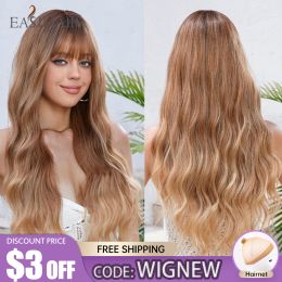 Wigs Light Brown Long Wavy Ombre Synthetic Wigs with Bangs Curly Wave Hair Wigs for Women Daily Cosplay Party Natural Heat Resistant