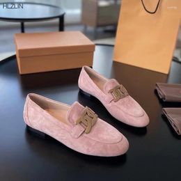 Casual Shoes Elegant Pink Suede Women's Flats Round Toe Loafers Leather Metal Buckle Comfortable Walking