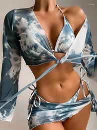 Women's Swimwear In-X Long Sleeve Swimsuit Women 4 Piece Tie Dye Bikini Set 2024 With Skirt Blue Bathing Suit Cover Up