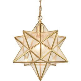 DAYCENT Brass Moravian Star Pendant Lighting with Seeded Glass - Elegant 13 1/2 Inch Hanging Light Fixture for Kitchen, Dining Room