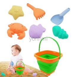 Sand Play Water Fun Sand Toys For Kids 7PCS Sand Toy Set For Fun Portable Rake Shovel Cute Sand Molds Foldable Beach Bucket With Mesh Bag For Summer 240402