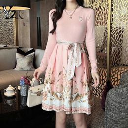 Casual Dresses Y2K Clothes Luxury High Street Pink Black Mini For Women Autumn Spring Floral Print Knitted Elegant Vestidos