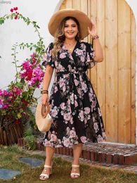 Urban Sexy Dresses Plus Size casual dress for womens 2024 summer V-neck short sleeved Svve floral print long dress with black curve size for womens clothing Y240402