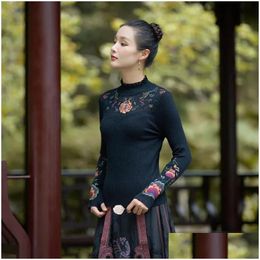 Ethnic Clothing 2024 Autumn And Winter Chinese Style Embroidered Turtleneck Sweater Top Women Retro Long Sleeve Base Blouse S712 Drop Dhsjn