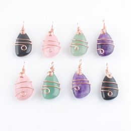 Whole Natural Stone Copper Wire Wrap Pendant Irregular Geometric Bead Amethyst Crystal Opal Rose Gold Colour Dangle Charms Jewe271T