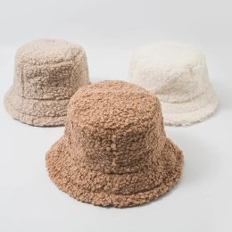 Outdoor Panama Cap For WomenFaux Fur Bucket Hat Winter Warm Fisherman Hat Thicken Plush Hats Girls Unisex Solid Color Hats