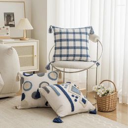 Pillow INS Style Blue Series Throw Pillows Living Room Sofa Multi-purpose Household Car Use Striped Polka Dot Tassel