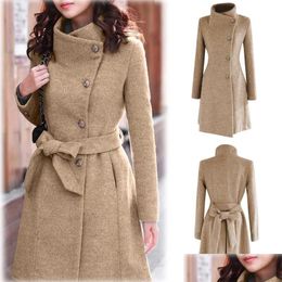 Womens Wool Blends Winter Lapel Coat Trench Jacket Long Sleeve Overcoat Outwear Abrigos Mujer Invierno Camel Plus Size Drop Delivery A Dh59Z