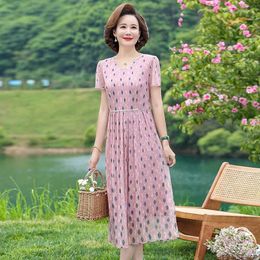 Party Dresses Women's V-neck Leaf Printing Temperament Graphic Casual Clothing Knee Skirts Retro Thin Summer