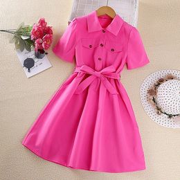 Girls Dress 8-12 Year Old Rose Red Short sleeved Girl Summer Girls Dress Casual Princess Dress 240402