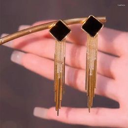 Dangle Earrings Geometric Rhombus Black Drop Glaze Golden Tassel For Women Fashionable Daily Accessories Party Jewelry Birthday Gifts