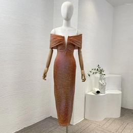 Casual Dresses 2024 Top Quality Tangerine Diamonds Pressed Deep-v Off Shoulder Slim Women Midi Dress For Party