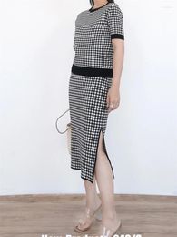 Skirts Women Black And White Plaid Knit Jupe Slit Elastic Waist 2024 Spring Summer Female Skirt