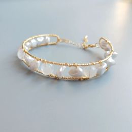 Bangles LiiJi Natural Real Moonstone Baroque Pearl Bracelet Handmade Jewellery Bangle For Women Jewellery Gift Drop Shipping