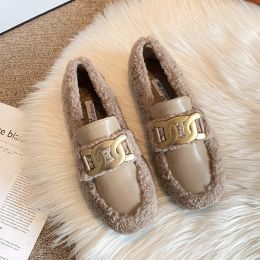 Boots Leather Patchwork Lamb fur flats shoes woman brnad metal chains curly furry moccasins female warm plush creepers big size 4143