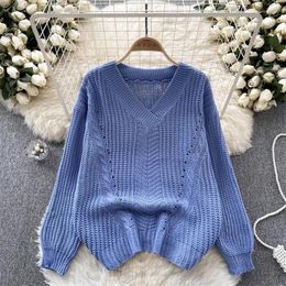 Women's Sweaters Blue White Khaki Short Knitted Sweater Pullover Tops Korean V-neck Casual Long Sleeve Ladies Knitwear Jumper Spring Autumn