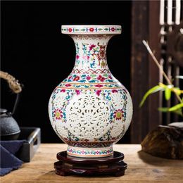 Vases Enamel Hollow Ceramic Vase Chinese Modern Blue And White Porcelain Classical Desktop Ornaments Office Coffee Table Crafts