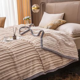 Blankets Striped Solid Flannel Fleece Thickened Blanket Soft Adult Bed Cover Winter Warm Fluffy Bedspread For Sofa Bedroom