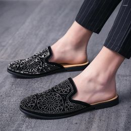Casual Shoes Summer Men Brand Half Loafers Rhinestones Leather Slipper Breathable Slip On Lazy Flat Moccasins