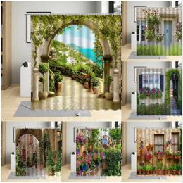 Shower Curtains Italian European Street Flowers Curtain Set Retro Architecture Arch Spring Floral Wall Home Bathroom Decor Hooks