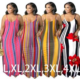 Plus Size Casual stripe printed Dress Women strap New Slash Neck Sleeveless Maxi Dresses nice Colour printing loose woman long sund1729906