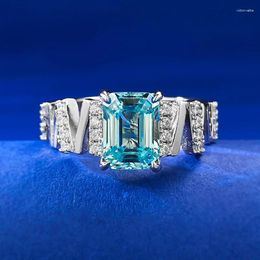 Cluster Rings S925 Silver 6 8 Rectangular Sea Blue Ring Synthetic Gemstone For Women's Fashion Diamond Wedding