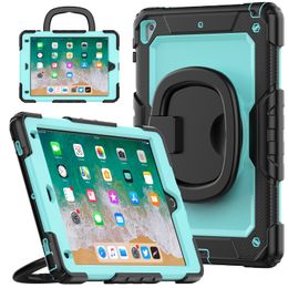 For iPad Air2 9.7inch Pro 9.7 Case Folding Handle Grip 360 Rotating Kickstand Cover Heavy Duty Hybrid Silcione Shockproof Kids Safe Cases +Shoulder Strap + Screen PET Film