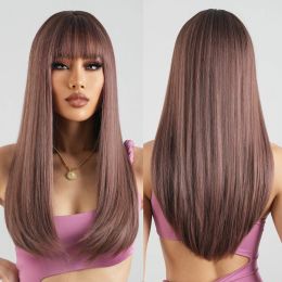 Wigs Pink Light Purple Cosplay Synthetic Long Straight Wigs Brown Fake Hair Wigs with Full Bangs for Women Daily Party Heat Resistant