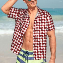 Men's Casual Shirts Houndstooth Beach Shirt Red And White Hawaiian Male Trendy Blouses Short-Sleeve Comfortable Design Top