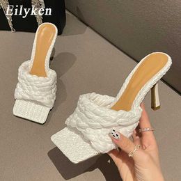 Dress Shoes New Design Weave Square Toe Heels High Quality Slippers Gladiator Beach Womens Sandal Slides Summer Zapatos Mujer H240403RCSD